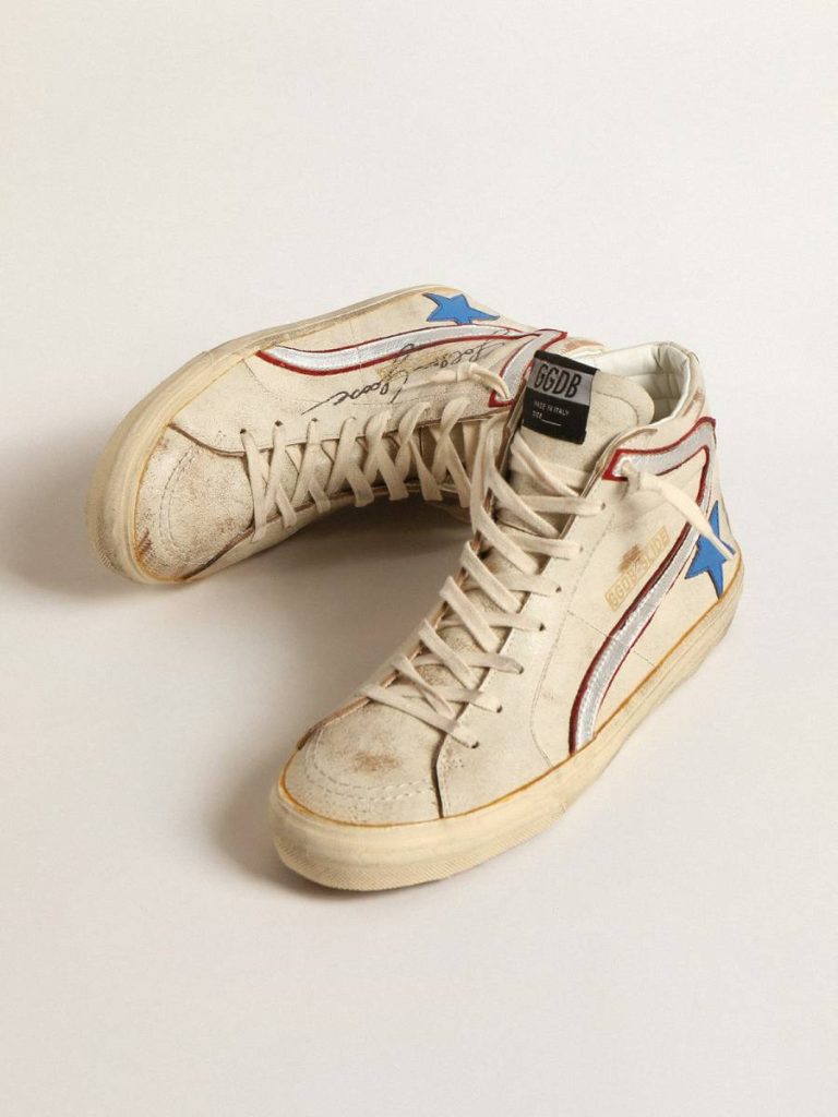 Golden Goose Slide Men Men’s Slide With Light Blue Leather Star And Metallic Silver Leather Flash - 2