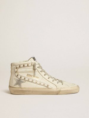 Golden Goose Slide With Silver Metallic Leather Star And Leather Flash With Stars Slide Women Off-White - 1