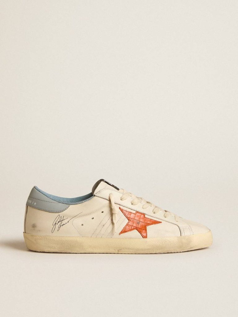 Golden Goose Super-Star White Men Men's Super-Star With Crocodile-Print Star And Silver-Blue Heel Tab - 1