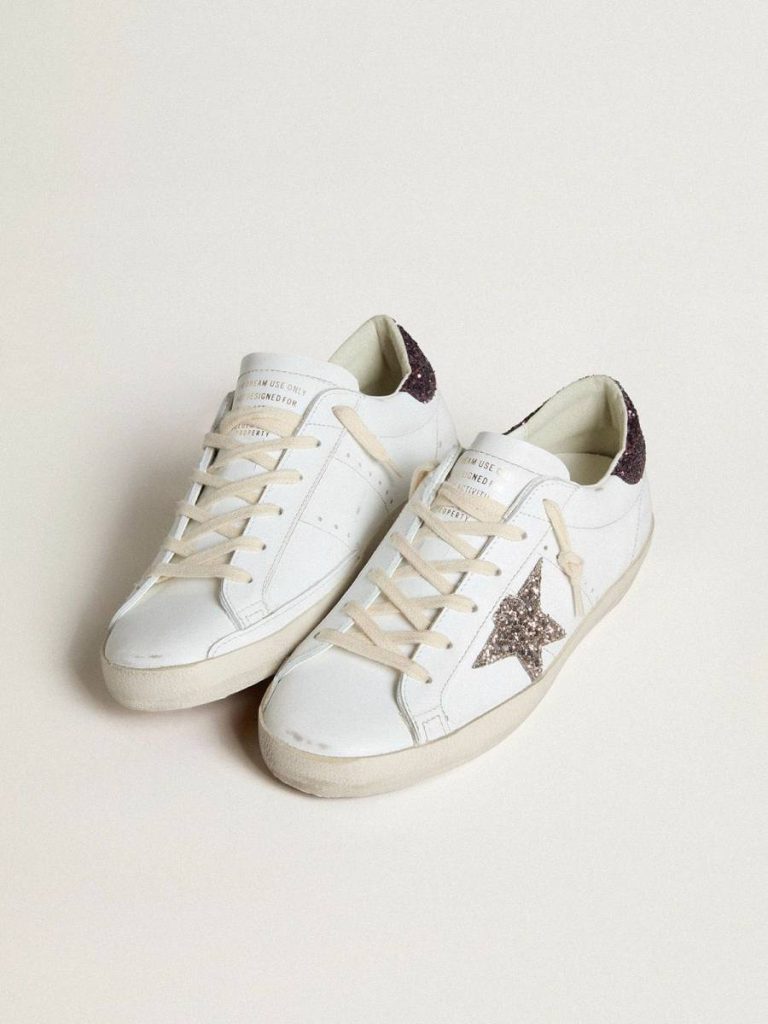 Golden Goose Super-Star White Women’s Super-Star With Silver Glitter Star And Lilac Glitter Heel Tab Women - 2