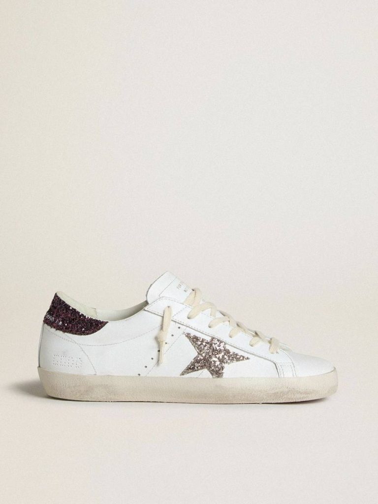 Golden Goose Super-Star White Women’s Super-Star With Silver Glitter Star And Lilac Glitter Heel Tab Women - 1