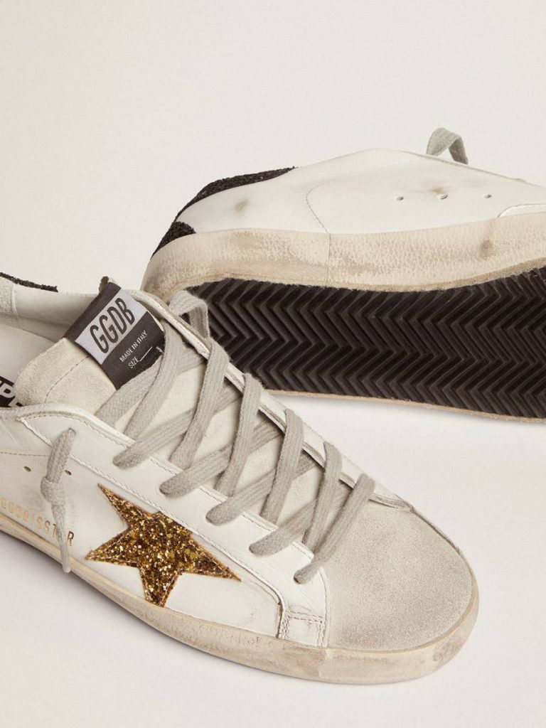 Golden Goose Super-Star Women Women’s Super-Star In Nappa Leather With Gold Glitter Star And Black Glitter Heel Tab - 3
