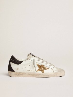 Golden Goose Super-Star Women Women’s Super-Star In Nappa Leather With Gold Glitter Star And Black Glitter Heel Tab - 1