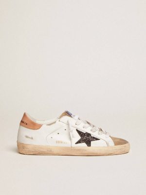 Golden Goose Super-Star Women Women's Super-Star With Black Glitter Star And Pink Heel Tab White - 1