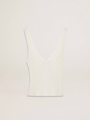 Golden Goose T-Shirts & Tops White Women Sleeveless Top Embroidered With Worn-White Ribbing - 1