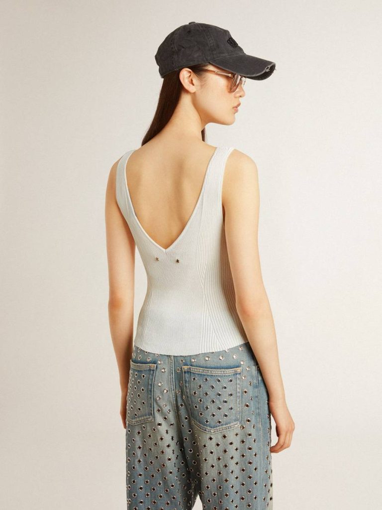 Golden Goose T-Shirts & Tops White Women Sleeveless Top Embroidered With Worn-White Ribbing - 4