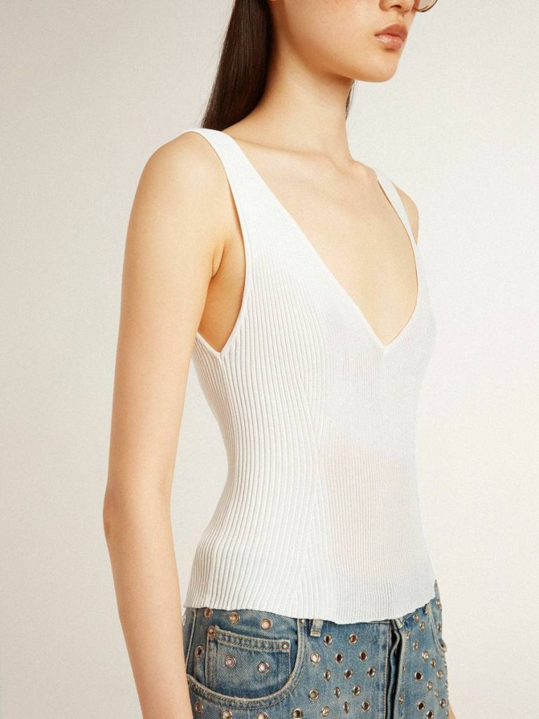 Golden Goose T-Shirts & Tops White Women Sleeveless Top Embroidered With Worn-White Ribbing - 5