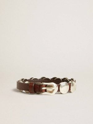 Golden Goose Trinidad Thin Belt In Dark Brown Leather With Silver Studs Dark Brown Women Belts - 1