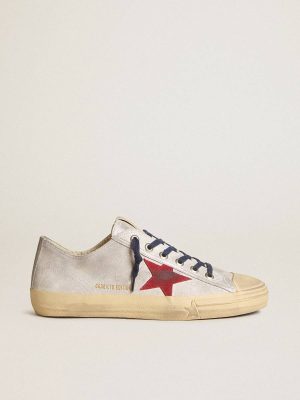 Golden Goose V-Star Men Men's V-Star Ltd In Silver Metallic Suede With Red Suede Star - 1