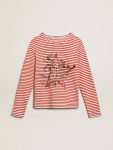 Golden Goose White And Red T-Shirts & Tops Women Women's T-Shirt With White And Red Stripes And Embroidery On The Front - 1