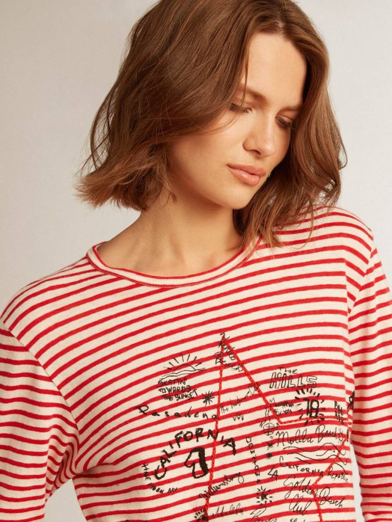 Golden Goose White And Red T-Shirts & Tops Women Women's T-Shirt With White And Red Stripes And Embroidery On The Front - 2