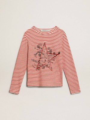 Golden Goose White And Red T-Shirts & Tops Women Women's T-Shirt With White And Red Stripes And Embroidery On The Front - 1