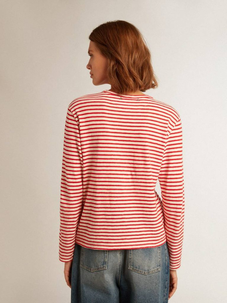 Golden Goose White And Red T-Shirts & Tops Women Women's T-Shirt With White And Red Stripes And Embroidery On The Front - 4