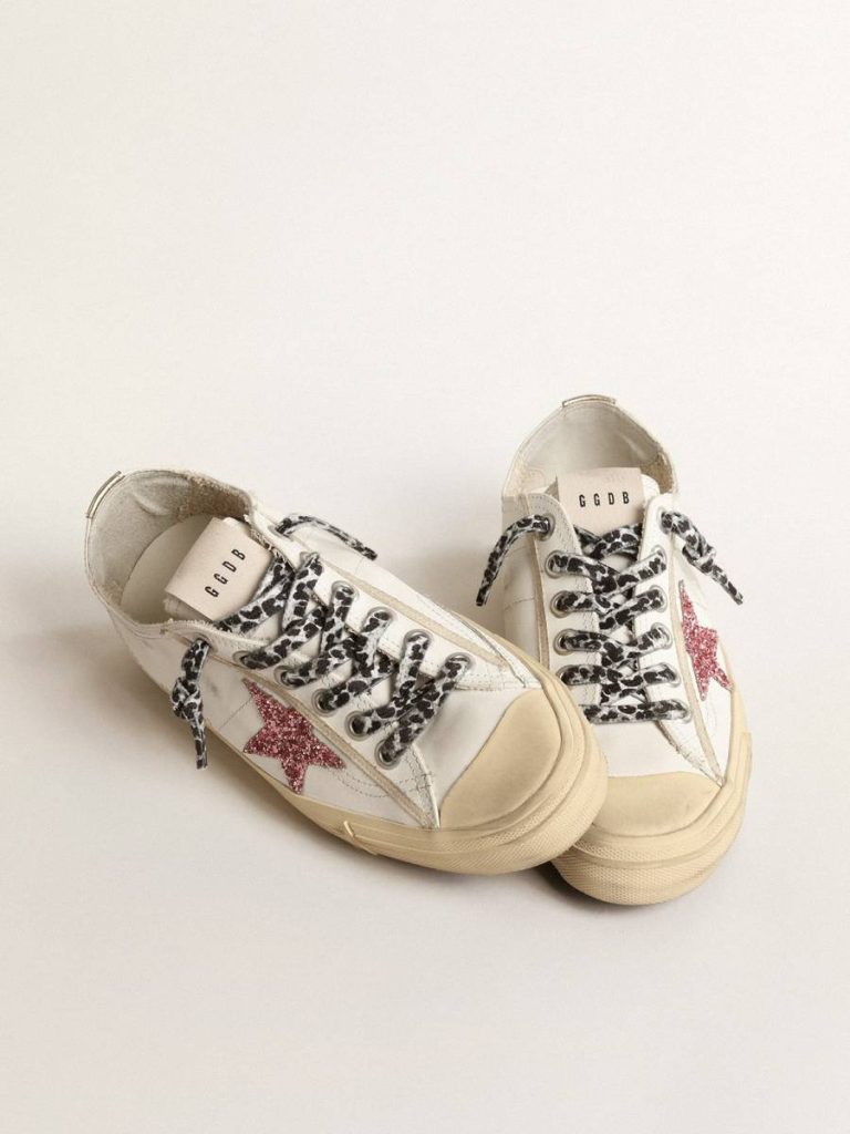 Golden Goose White V-Star With Pink Glitter Star And Metallic Leather Heel Tab Women V-Star - 2
