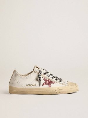Golden Goose White V-Star With Pink Glitter Star And Metallic Leather Heel Tab Women V-Star - 1