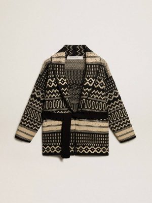 Golden Goose Women Ecru And Black Women’s Cardigan In Ecru Wool With Jacquard Design And Belt Knitwear - 1