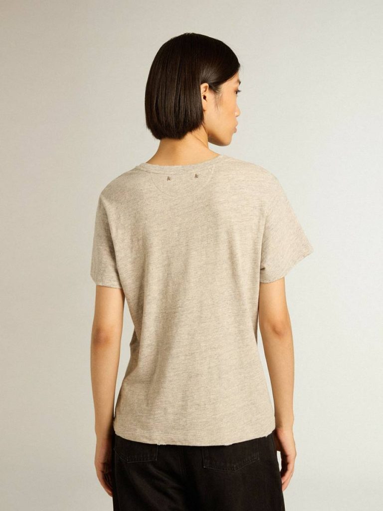 Golden Goose Women Gray Melange Women’s Gray Melange Cotton T-Shirt With Embroidered Lettering T-Shirts & Tops - 4