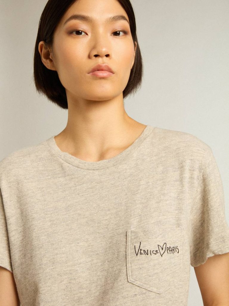 Golden Goose Women Gray Melange Women’s Gray Melange Cotton T-Shirt With Embroidered Lettering T-Shirts & Tops - 5