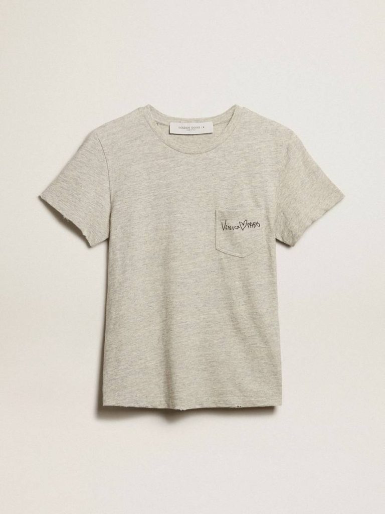 Golden Goose Women Gray Melange Women’s Gray Melange Cotton T-Shirt With Embroidered Lettering T-Shirts & Tops - 1