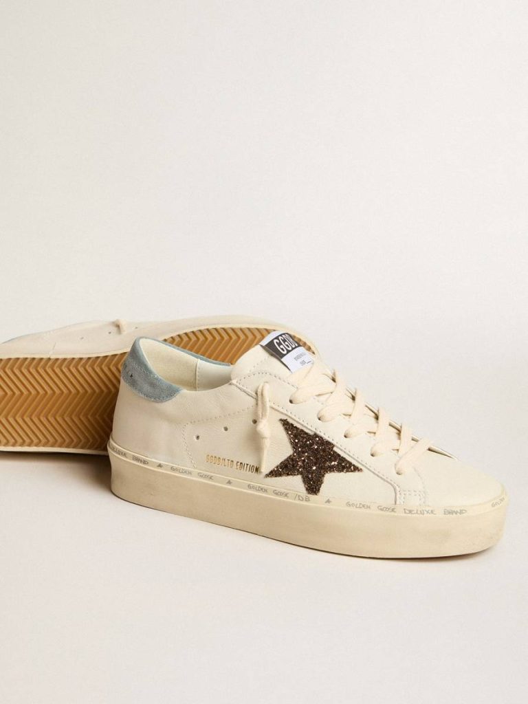 Golden Goose Women Hi Star Women's Hi Star Ltd With Hazelnut Glitter Star And Light Blue Suede Heel Tab White - 3