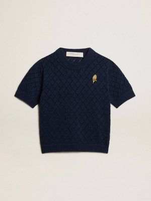 Golden Goose Women Open-Weave Knit With Midnight Blue Argyle Pattern Knitwear Vintage White - 1