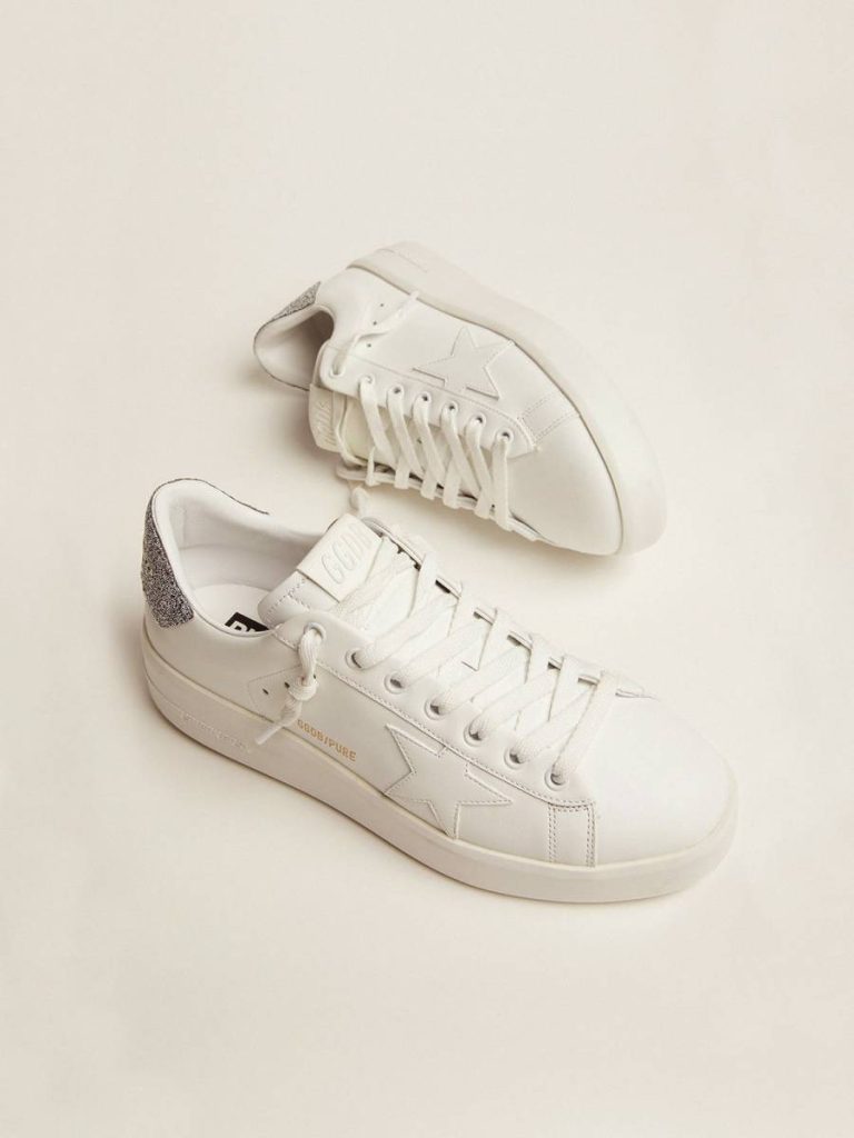 Golden Goose Women Purestar Silver And White Purestar In White Leather With Silver Swarovski Crystal Heel Tab - 2