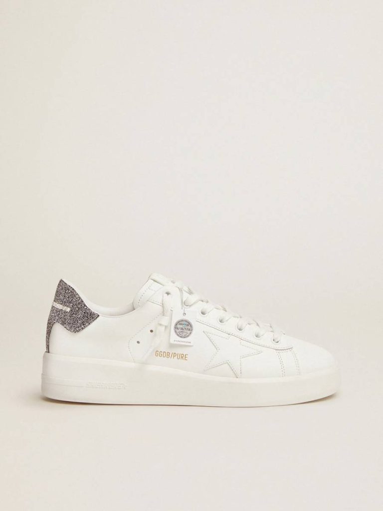 Golden Goose Women Purestar Silver And White Purestar In White Leather With Silver Swarovski Crystal Heel Tab - 1