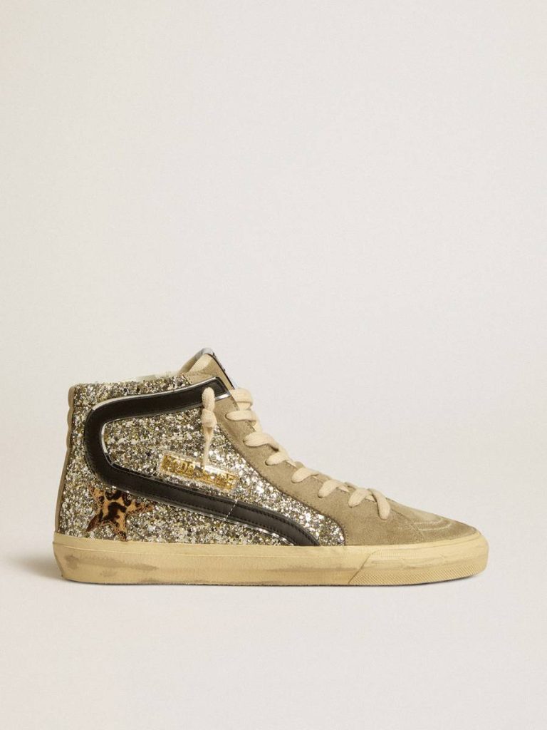 Golden Goose Women Slide In Platinum Glitter With Leopard-Print Pony Skin Star And Black Flash Slide - 1