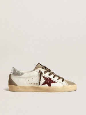Golden Goose Women Super-Star Super-Star With Burgundy Glitter Star And Silver Heel Tab White - 1