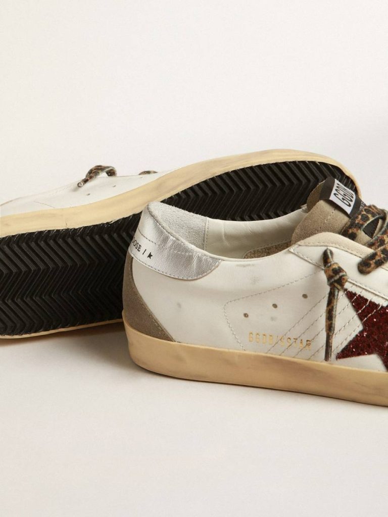 Golden Goose Women Super-Star Super-Star With Burgundy Glitter Star And Silver Heel Tab White - 4