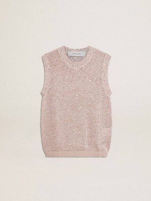 Golden Goose Women T-Shirts & Tops Pink Mesh Knit Top With Sequins And Contrasting Details - 1