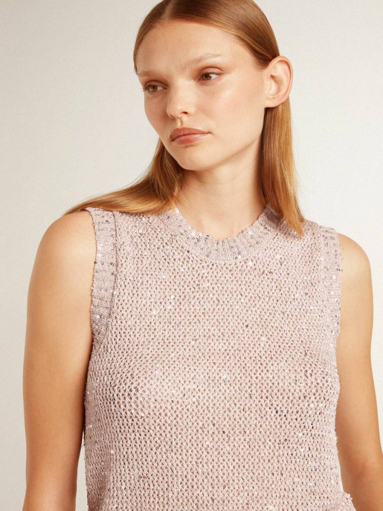Golden Goose Women T-Shirts & Tops Pink Mesh Knit Top With Sequins And Contrasting Details - 5