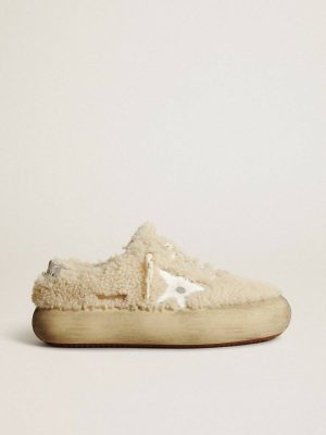 Golden Goose Women Women’s Space-Star Shoes In Beige Shearling With White Leather Star And Metallic Leather Heel Tab Space-Star - 1