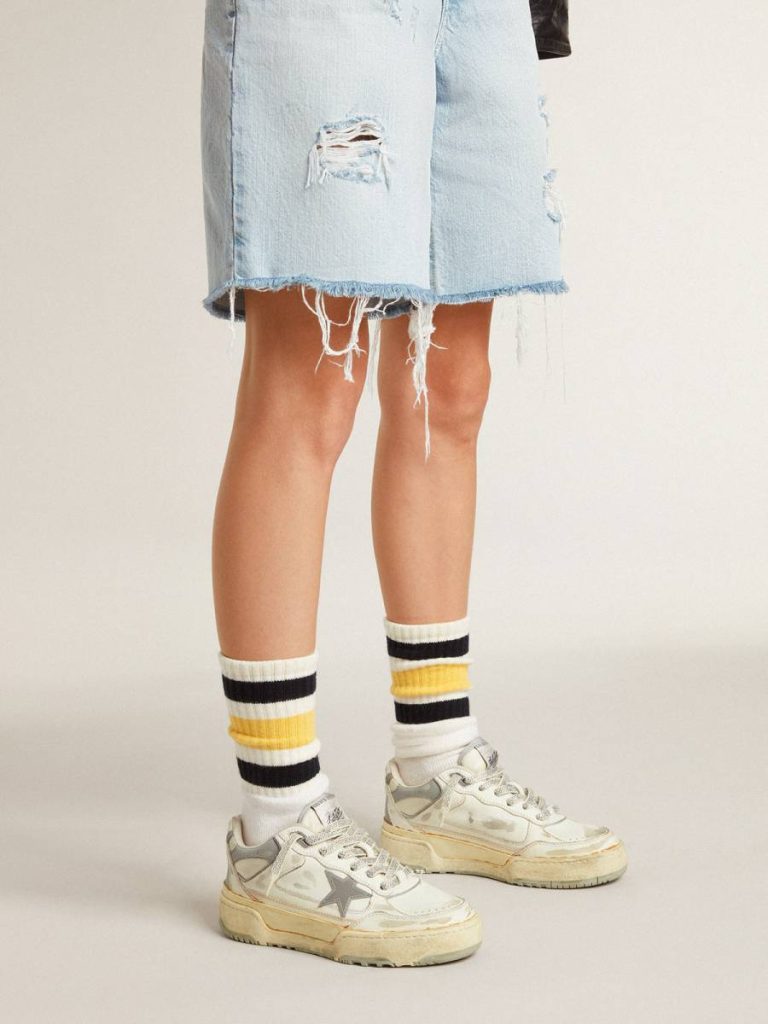 Golden Goose Women Worn-White Socks With Distressed Details And Black And Yellow Stripes Socks Worn White - 4