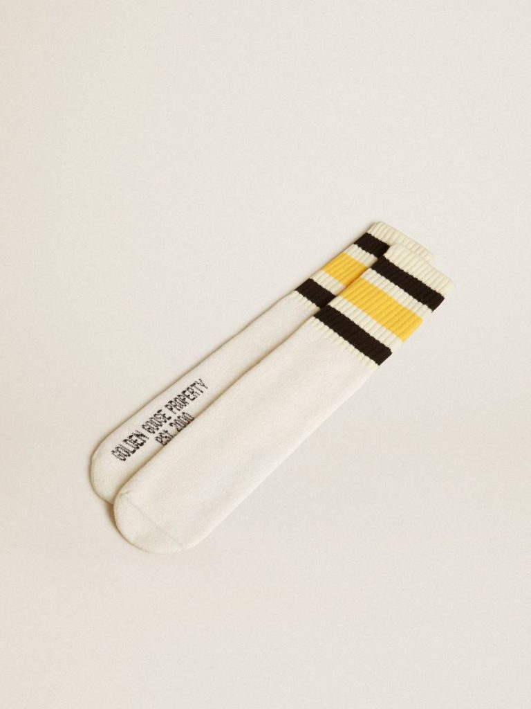 Golden Goose Women Worn-White Socks With Distressed Details And Black And Yellow Stripes Socks Worn White - 1