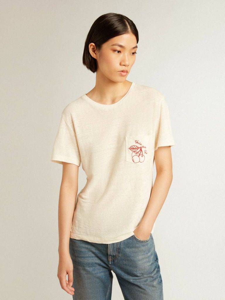 Golden Goose Women’s Cotton T-Shirt In Aged White With Embroidered Pocket Aged White T-Shirts & Tops Women - 2