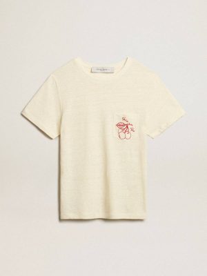 Golden Goose Women’s Cotton T-Shirt In Aged White With Embroidered Pocket Aged White T-Shirts & Tops Women - 1