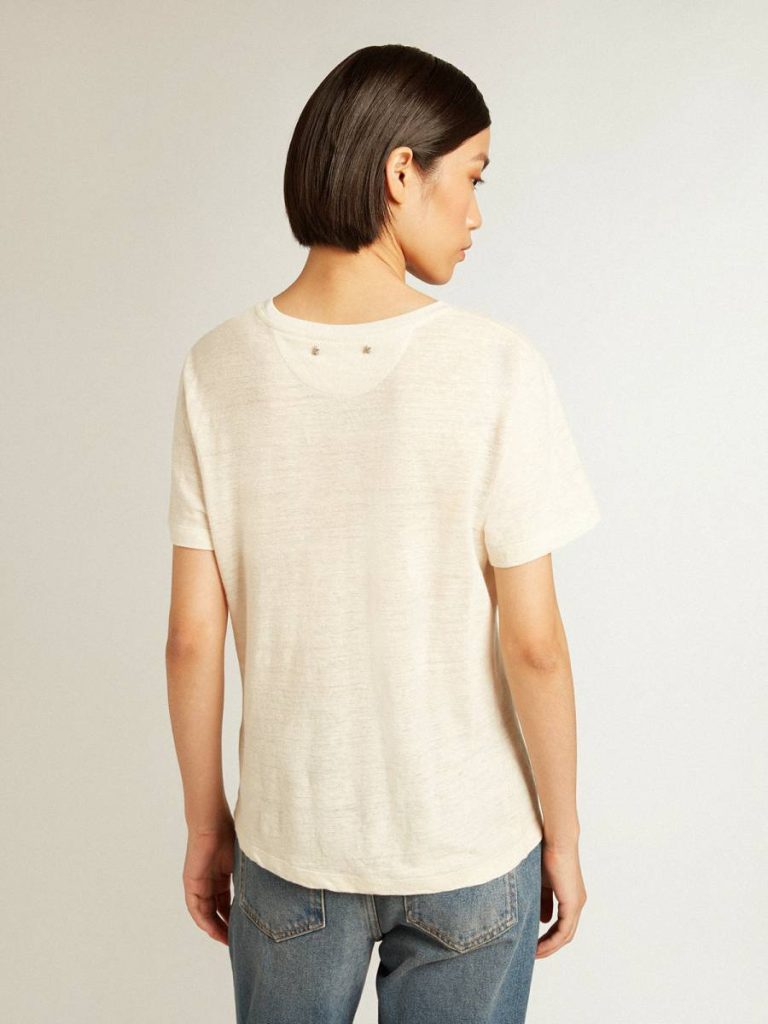 Golden Goose Women’s Cotton T-Shirt In Aged White With Embroidered Pocket Aged White T-Shirts & Tops Women - 4