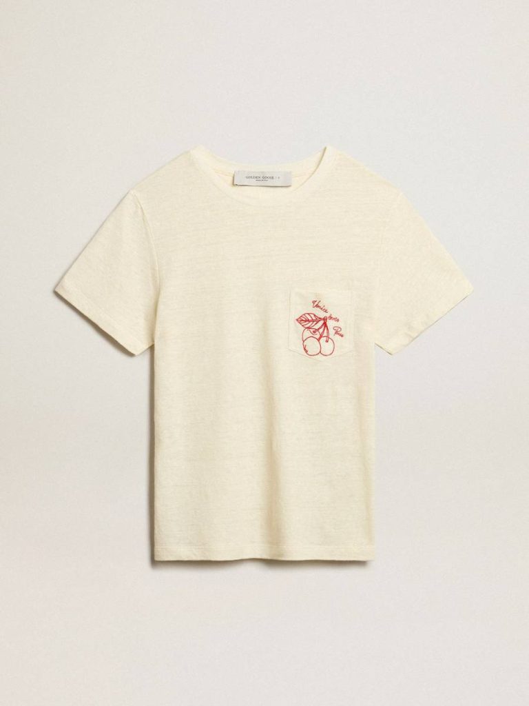 Golden Goose Women’s Cotton T-Shirt In Aged White With Embroidered Pocket Aged White T-Shirts & Tops Women - 1