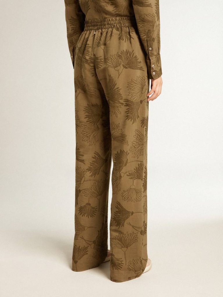 Golden Goose Women's Olive-Colored Viscose-Cotton Blend Pants With Floral Pattern Women Olive Jeans & Pants - 4