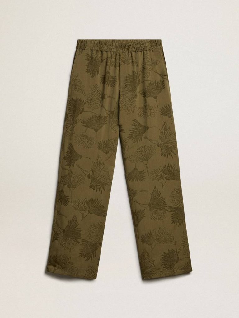 Golden Goose Women's Olive-Colored Viscose-Cotton Blend Pants With Floral Pattern Women Olive Jeans & Pants - 1