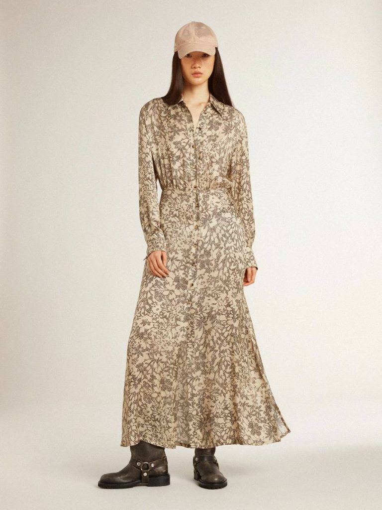Golden Goose Women's Silk-Blend Midi Dress With A Floral Print Women Dresses & Jumpsuits Beige And Black - 2
