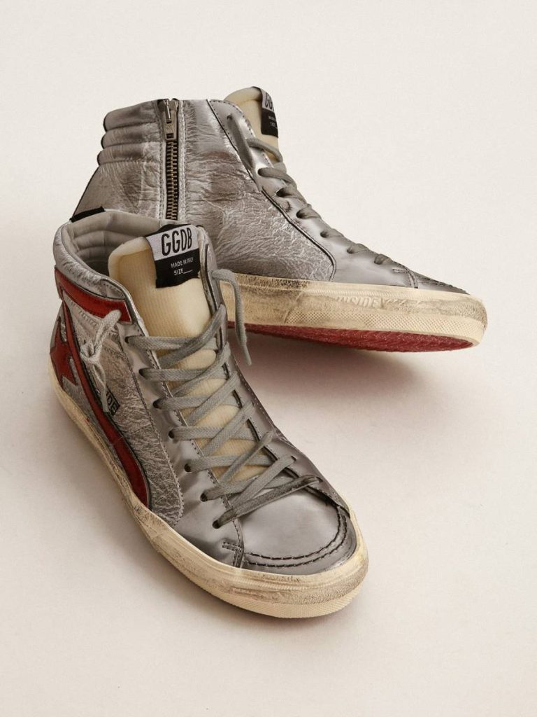 Golden Goose Women’s Slide With Silver Metallic Leather Upper And Red Metallic Leather Flash Slide Women - 2