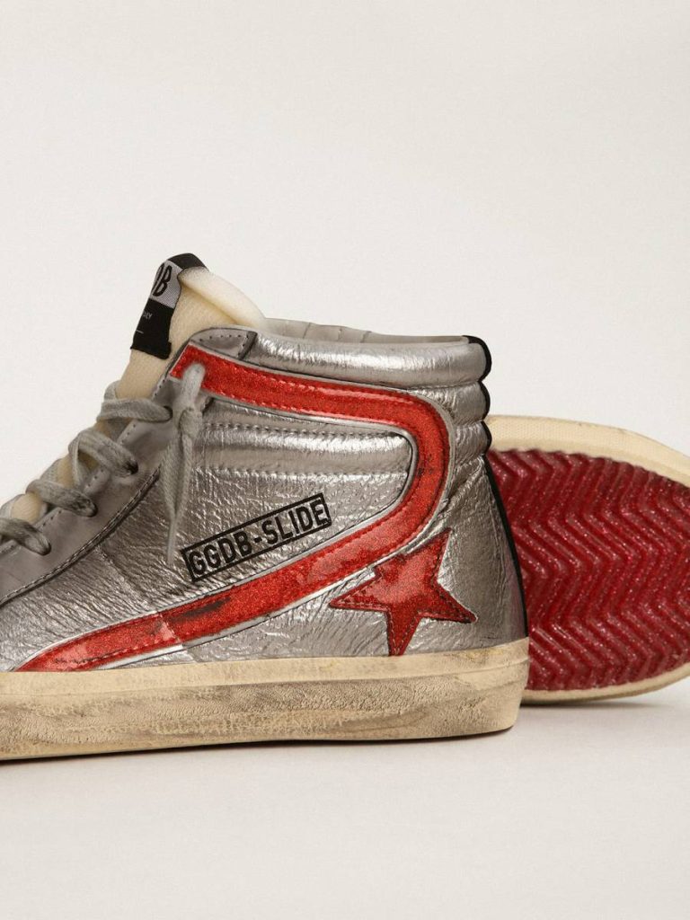 Golden Goose Women’s Slide With Silver Metallic Leather Upper And Red Metallic Leather Flash Slide Women - 3