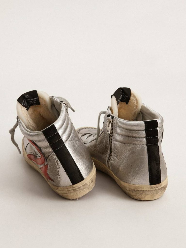 Golden Goose Women’s Slide With Silver Metallic Leather Upper And Red Metallic Leather Flash Slide Women - 4