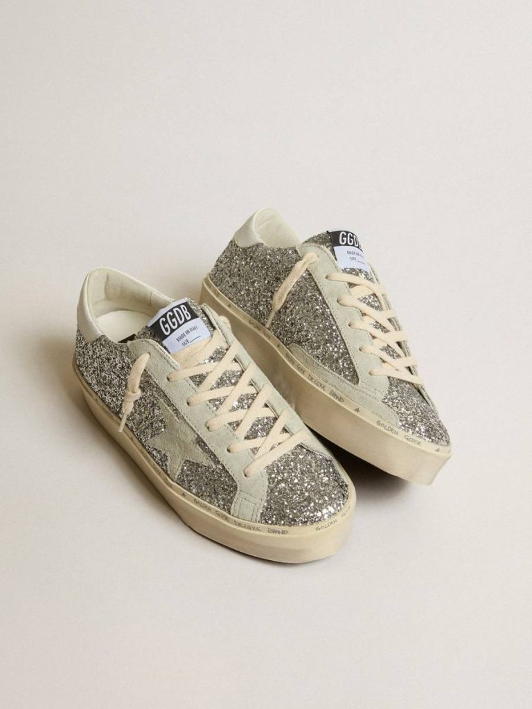 Hi Star Golden Goose Women's Hi Star In Silver Glitter With Suede Star And White Heel Tab Women - 2