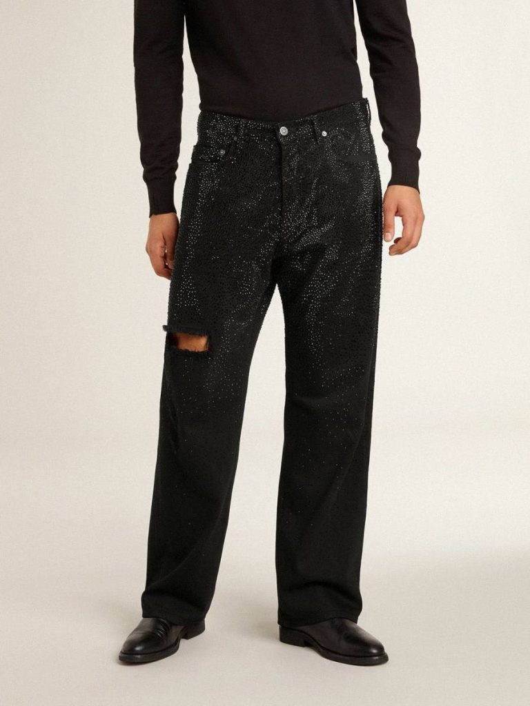 Jeans & Pants Black Golden Goose Men's Black Jeans With A Loose Fit And Gradient Effect All-Over Crystals Men - 2
