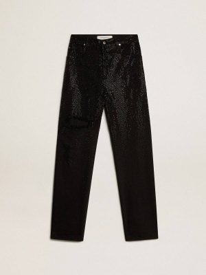 Jeans & Pants Black Women Golden Goose Women’s Cotton Denim Pants With Shaded-Effect Crystal Decoration - 1