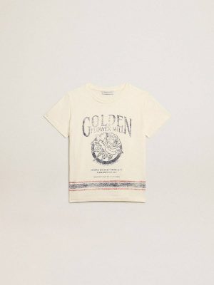 Kids Aged White Topwear Selection (4-12 Years) Golden Goose Cotton T-Shirt In Aged White With Faded Print At The Center - 1