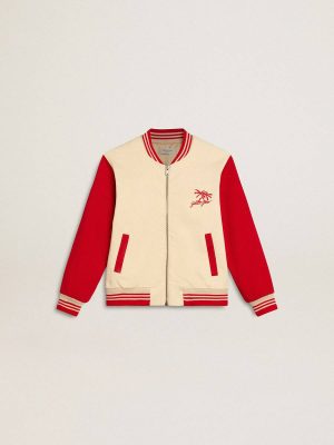 Kids Beige And Red Golden Goose Topwear Selection (4-12 Years) Kids' Bomber Jacket In Beige And Red Cotton With Embroidery On The Chest - 1